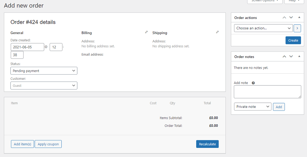 creating order on WooCommerce